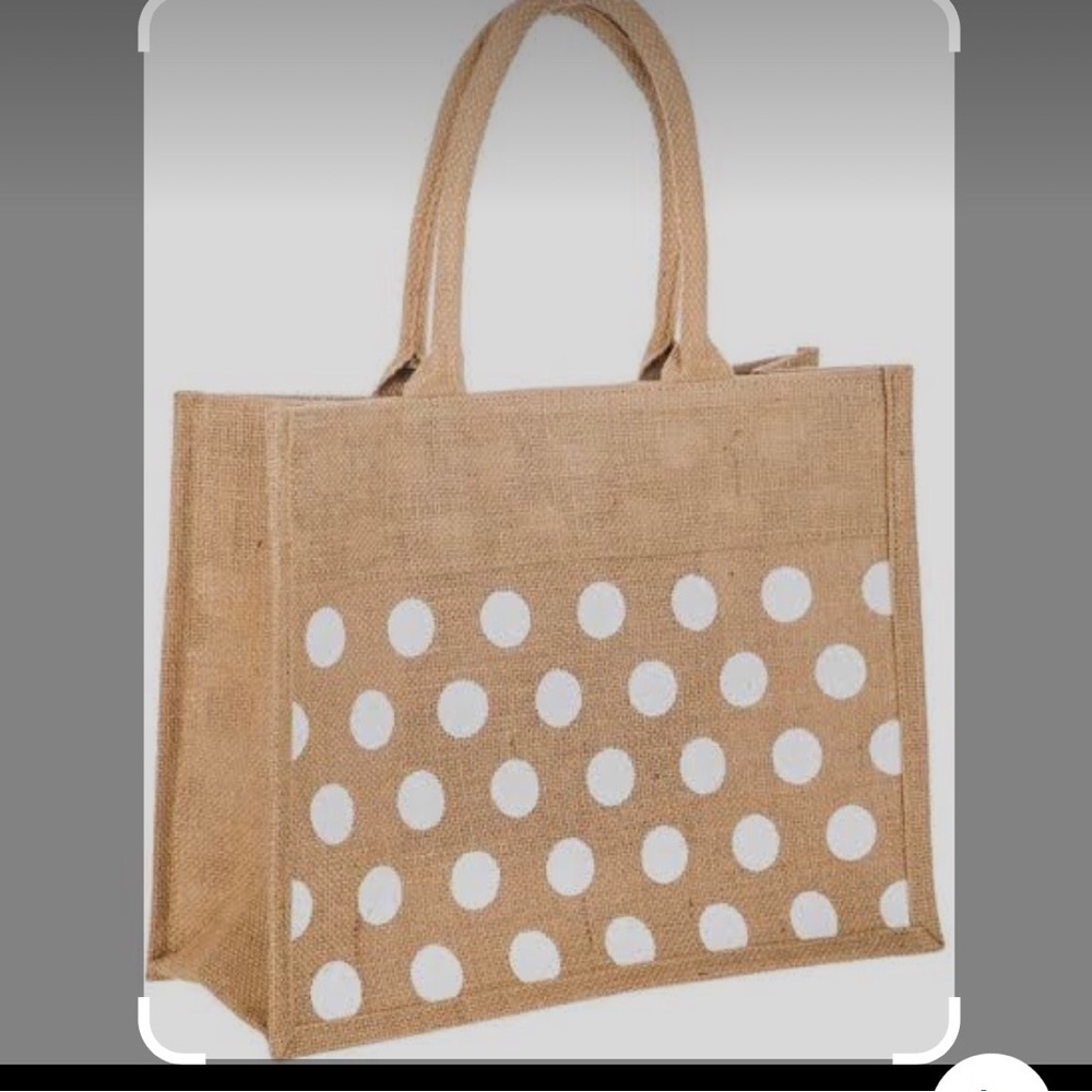Natural Jute Bag Tan White Polka Dot Tote Bag